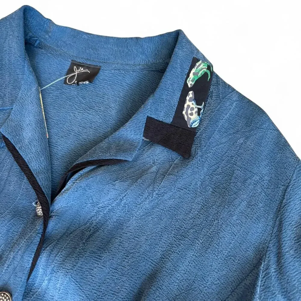 90s Blue Button Up Blouse – minimalist sculptural cut top M - Picture 8 of 8